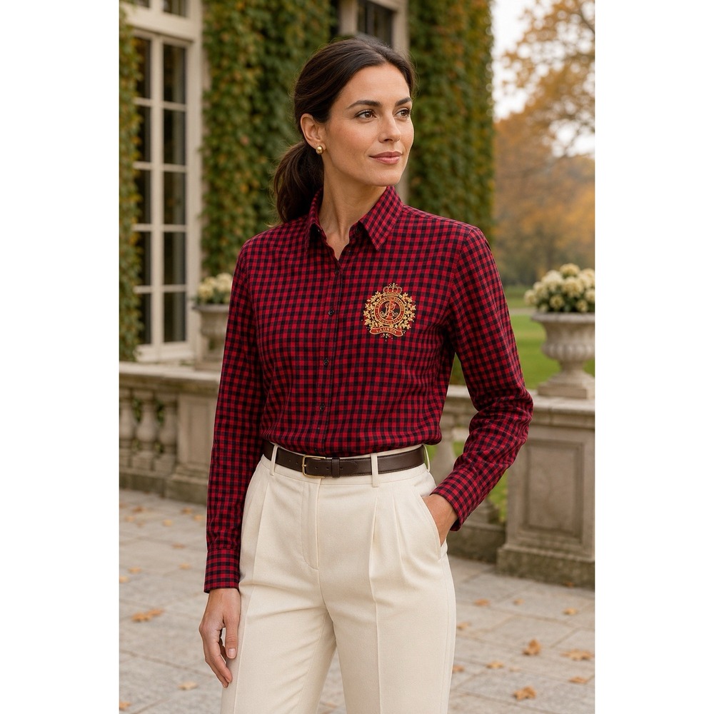 LAUREN RALPH LAUREN Sz XL Crest Crown Logo Shirt Red Black Gingham Check Preppy